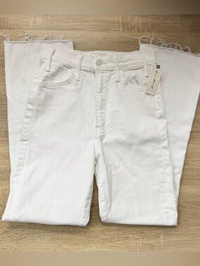 NWT MOTHER The Hustler Ankle Fray Flare Jeans White 25